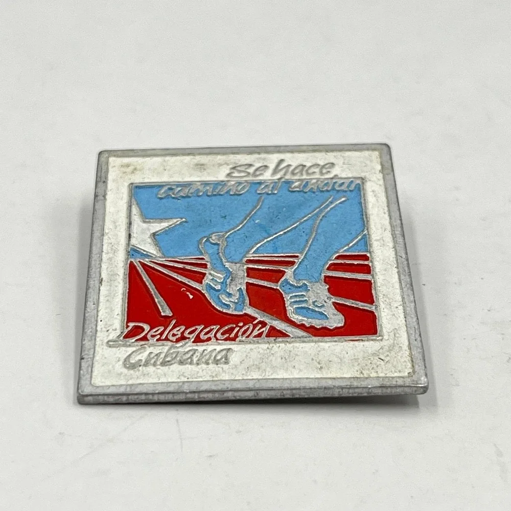 Vintage Cuban Delegation Sports Lapel Pin Cuba Athletic Star Square Metal Badge